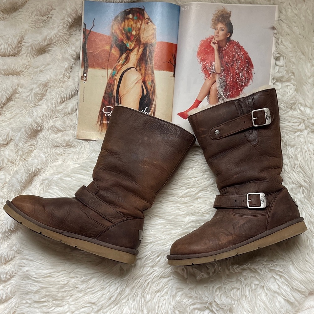 UGG Dark Brown Leather Moto Kensington Biker Engineer Sheepskin Boots - Picture 2 of 13